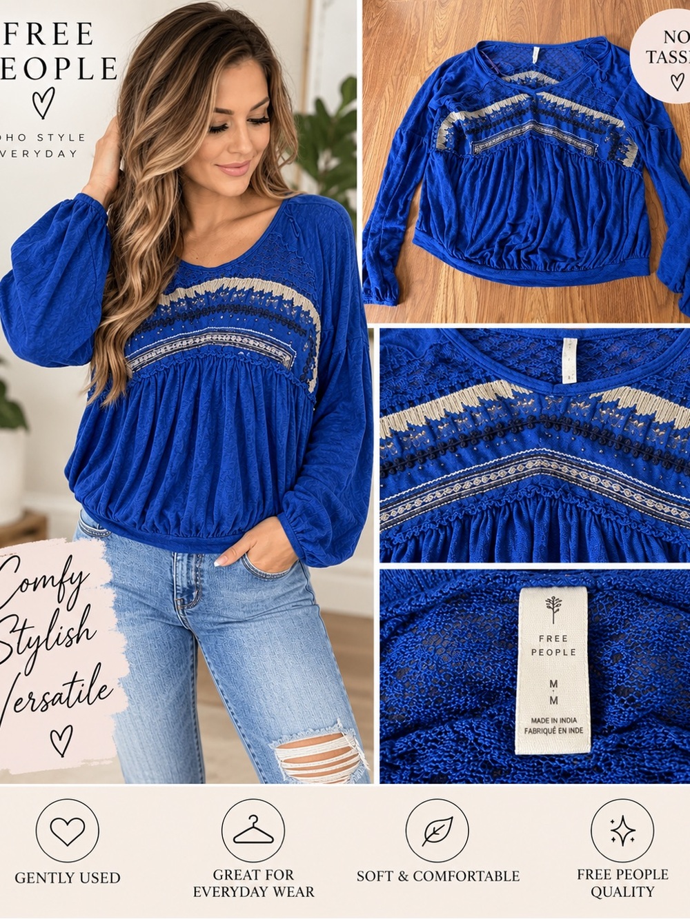 Free People Royal Blue Long Sleeve Embroidered Peasant Blouse
